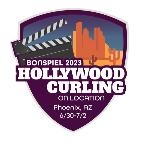 A shield-shaped logo with a movie clapboard and a cartoon desert vista, and the text: Bonspiel 2023
Hollywood Curling On Location
Phoenix, AZ 6/30-7/2